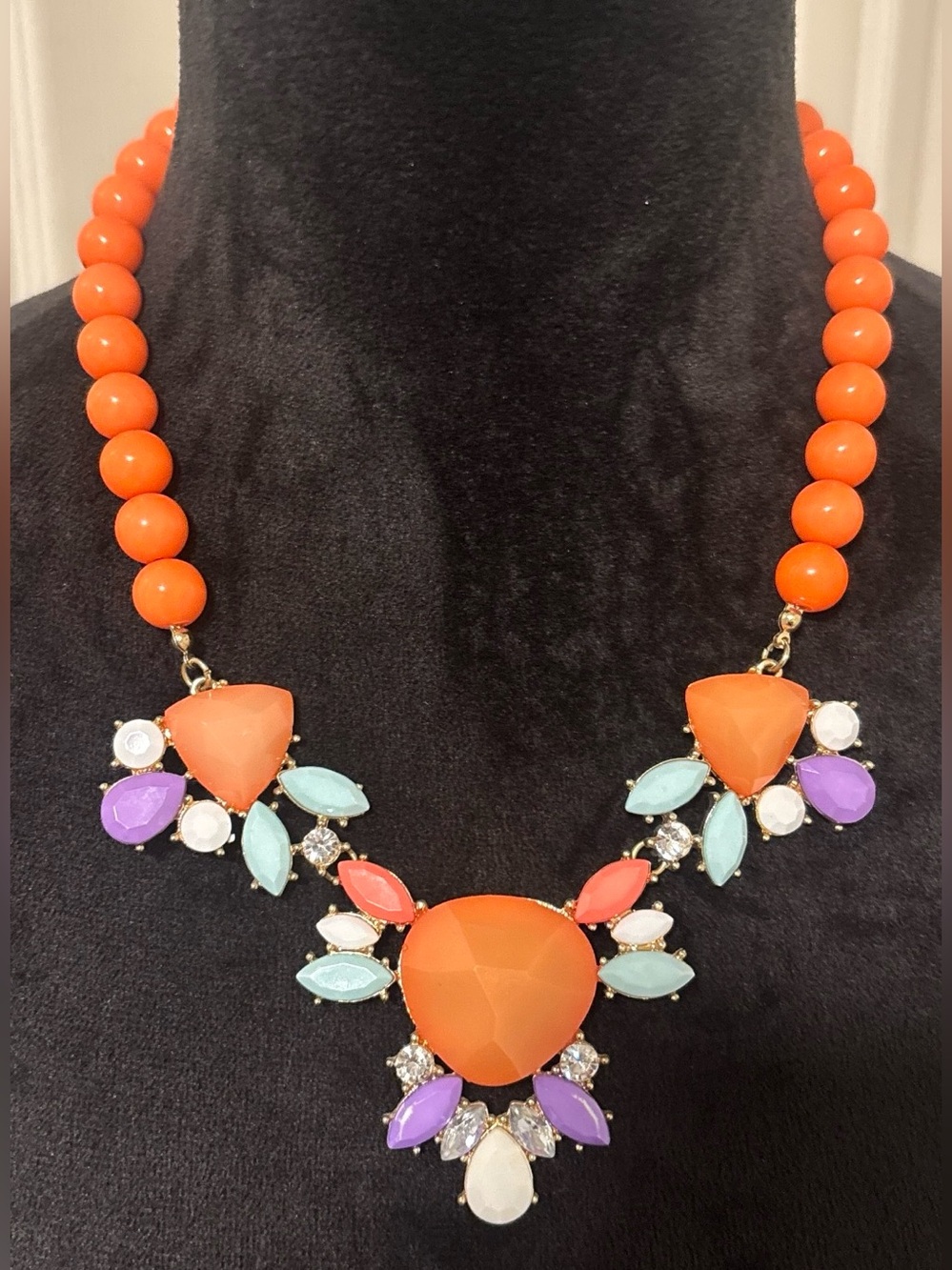 Statement Orange & Pastel Gemstone Bib Necklace Gold Tone